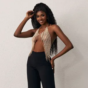 Fringe Detail Square Neck Open Classic Back Crop Tank Top - Silver