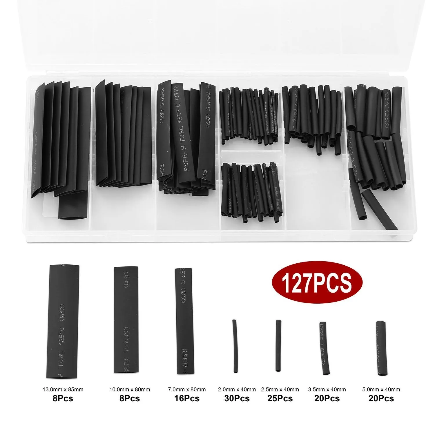 127-Piece: 2:1 Heat Shrink Tube Wire Wrap Assortment Set