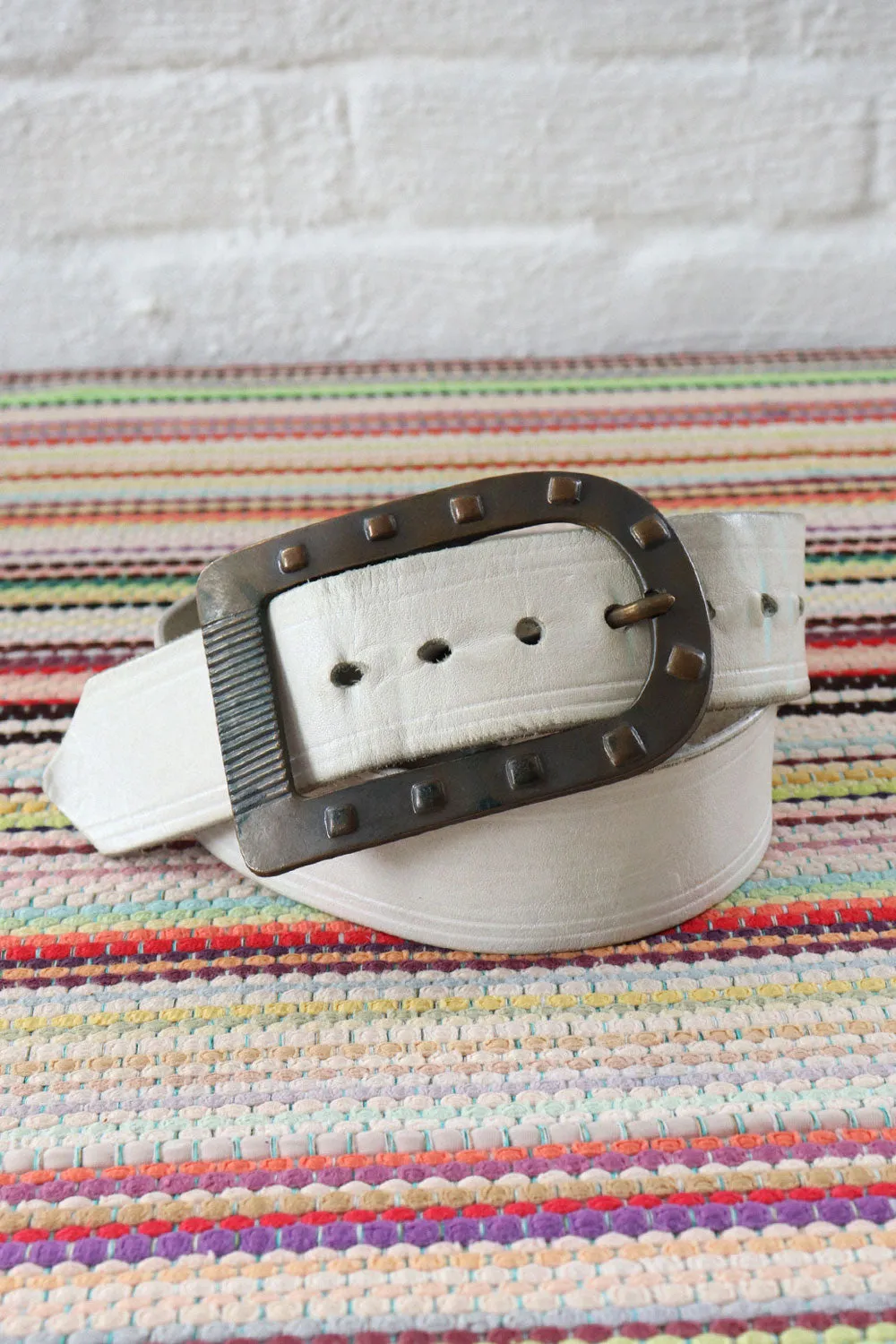 1970s White Leather Chunky Buckle Belt