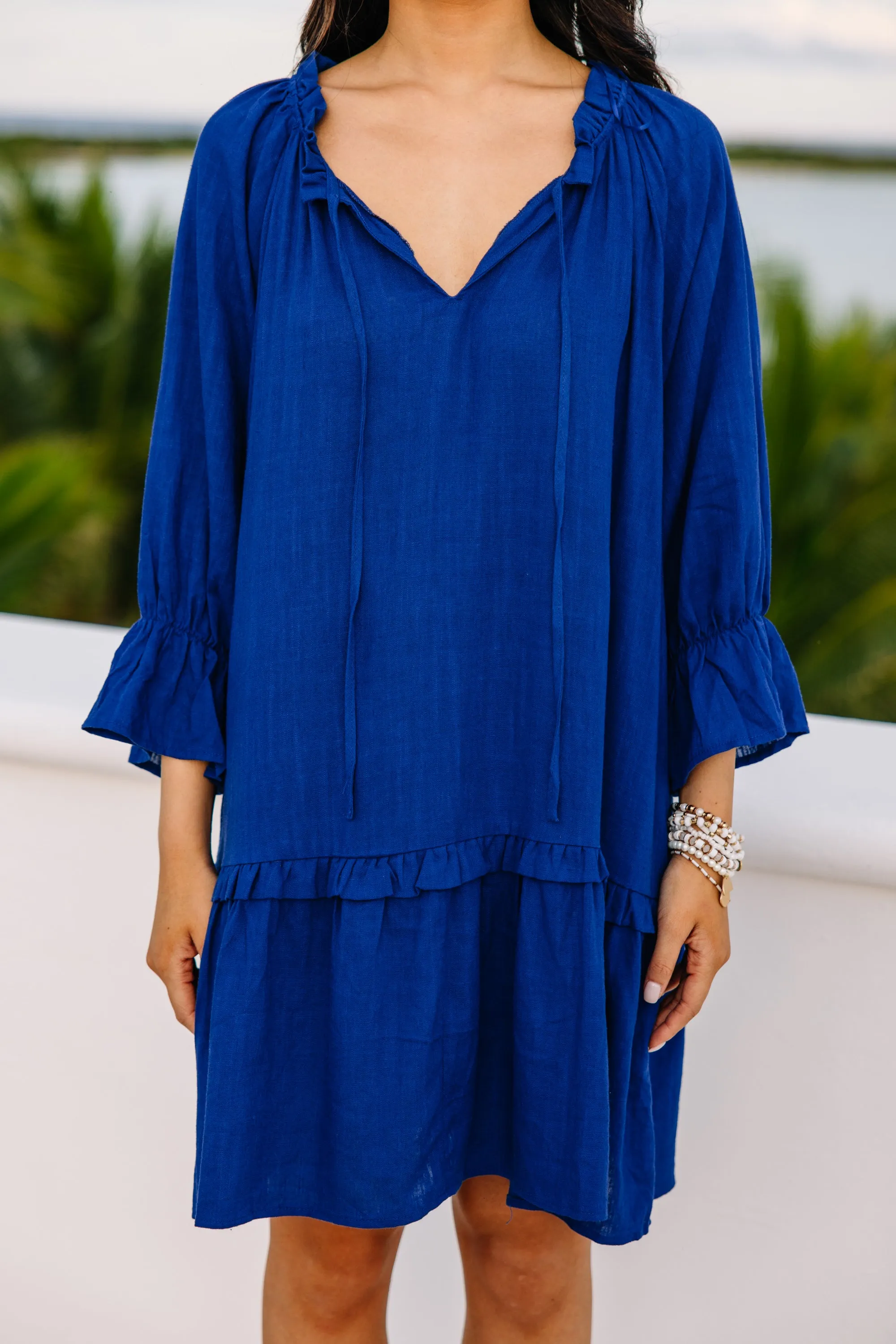 Always In The Lead Ocean Blue Linen Dress