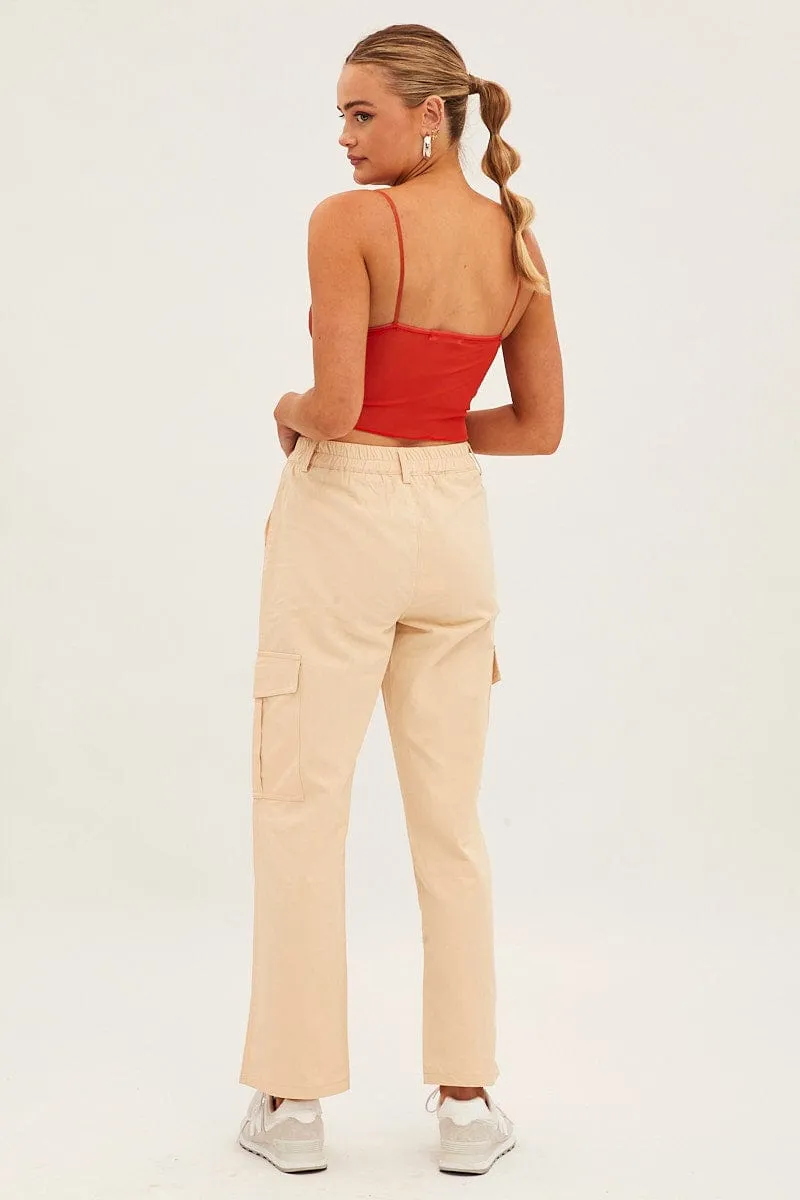 Beige High Rise Wide Leg Cargo Pants