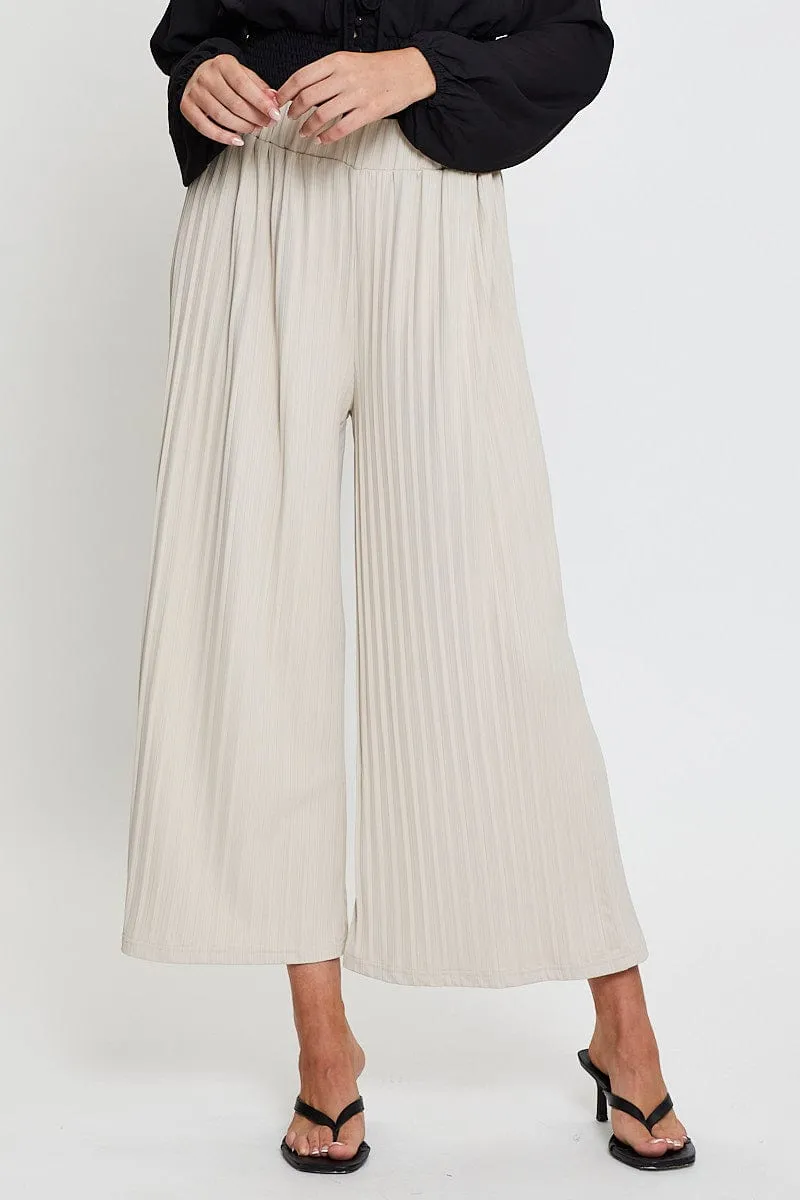 Beige Ribbed Pants High Rise Wide Leg