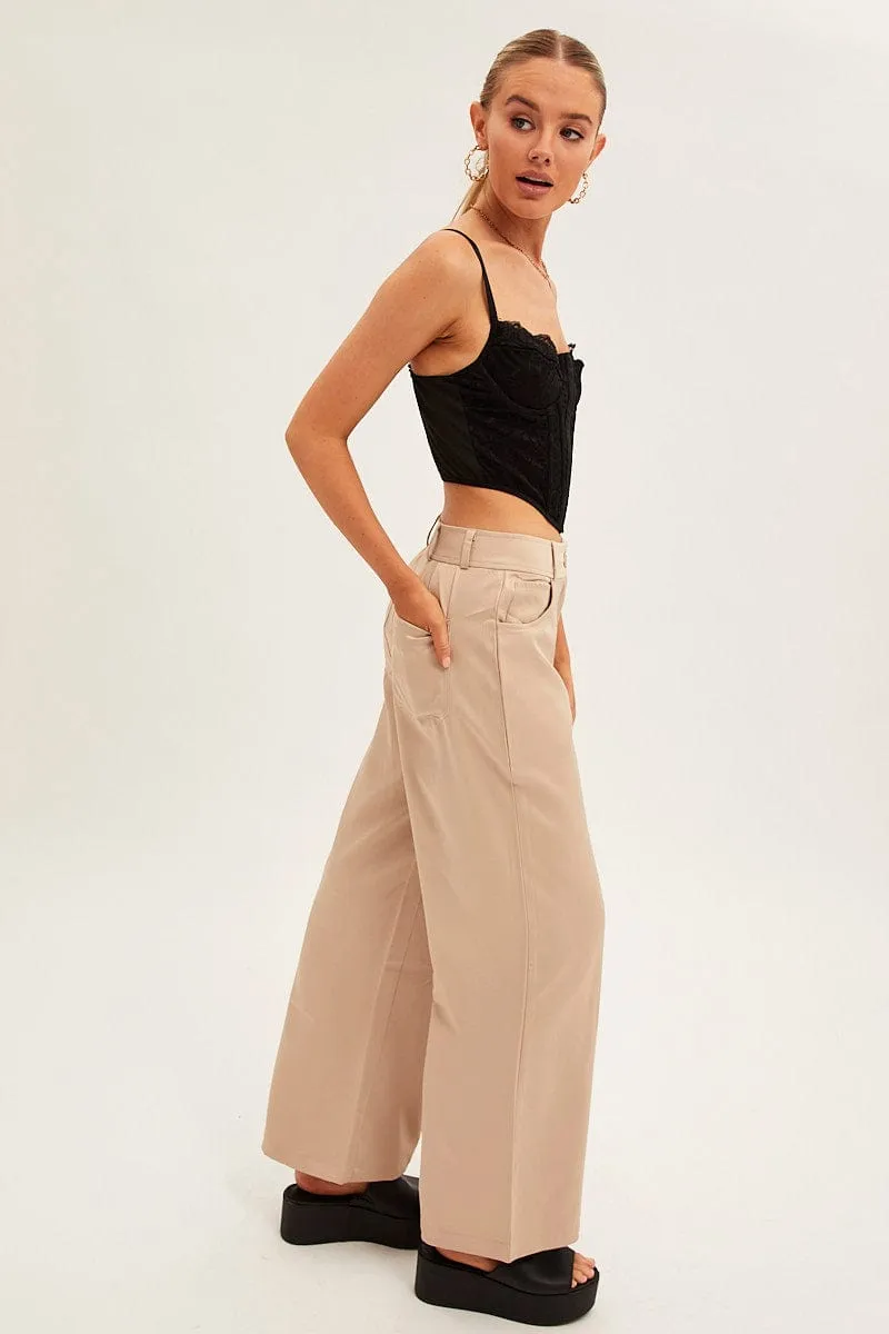 Beige Wide Leg Pants High Rise