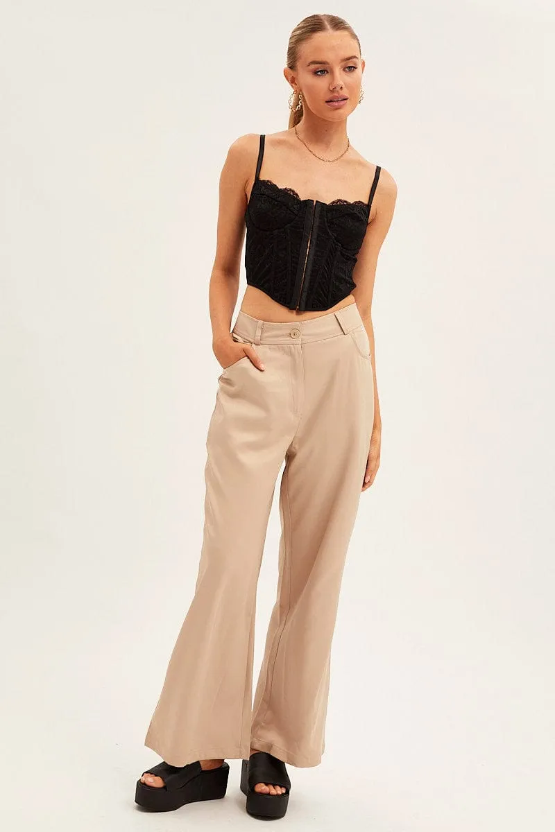 Beige Wide Leg Pants High Rise