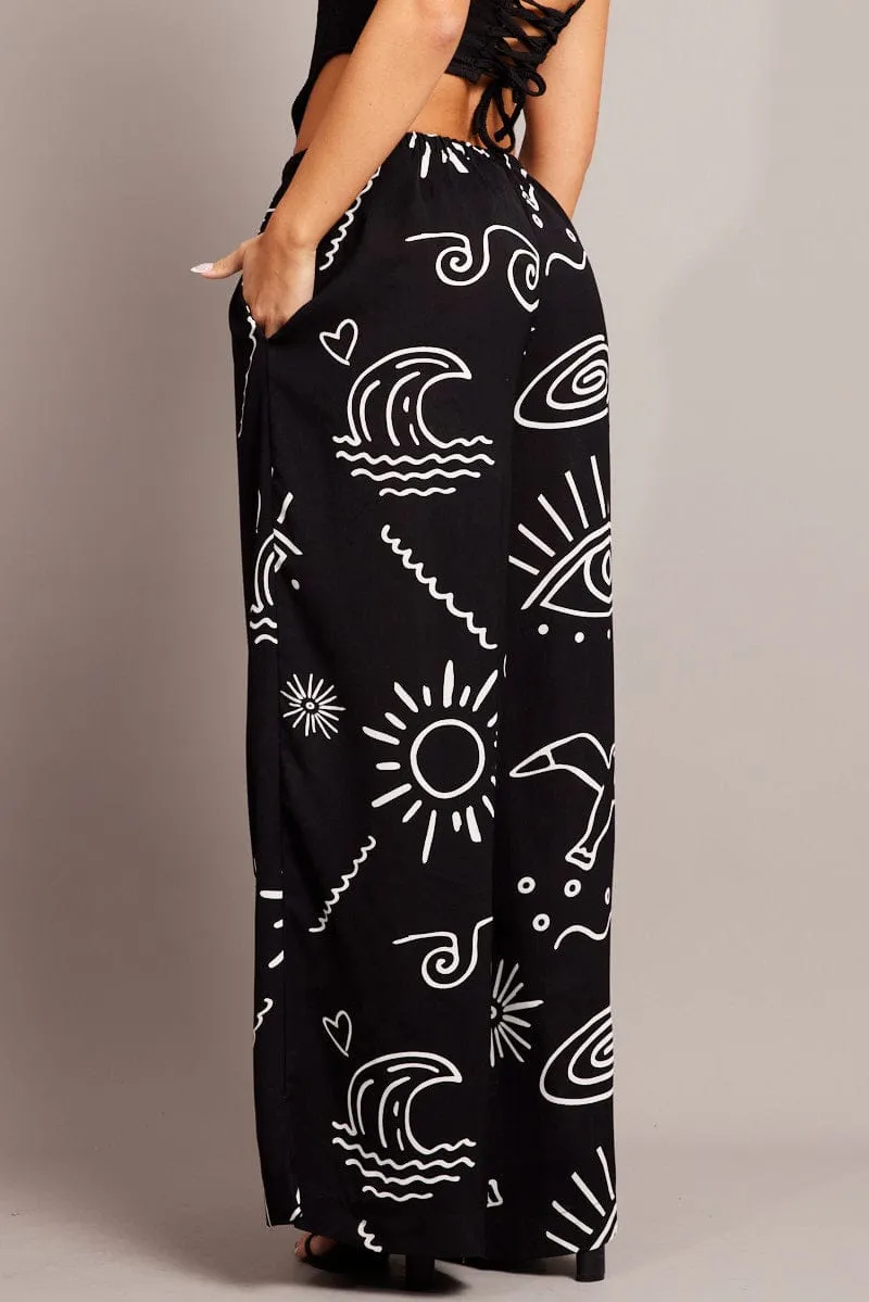 Black Abstract Wide Leg Pants High Rise