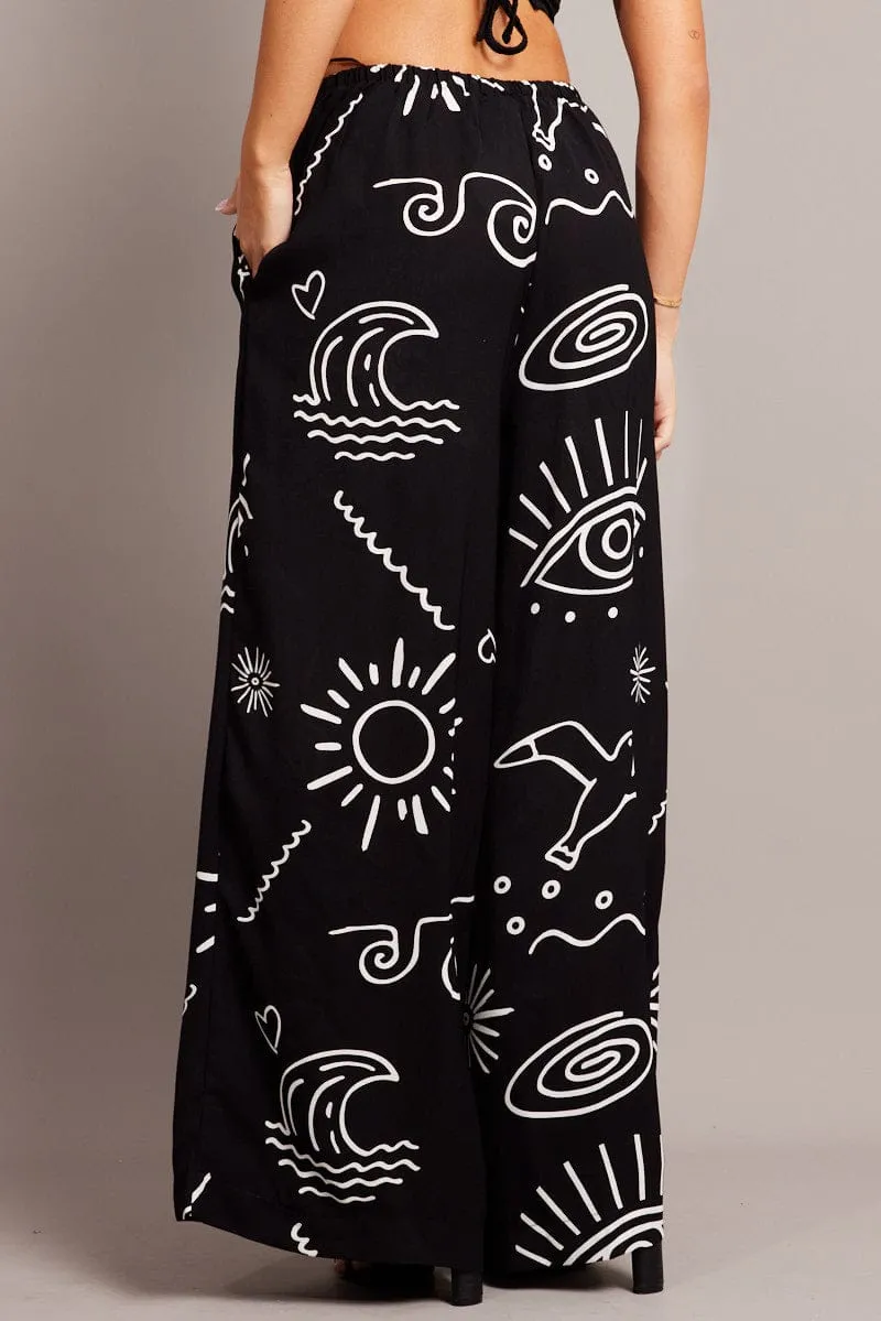 Black Abstract Wide Leg Pants High Rise