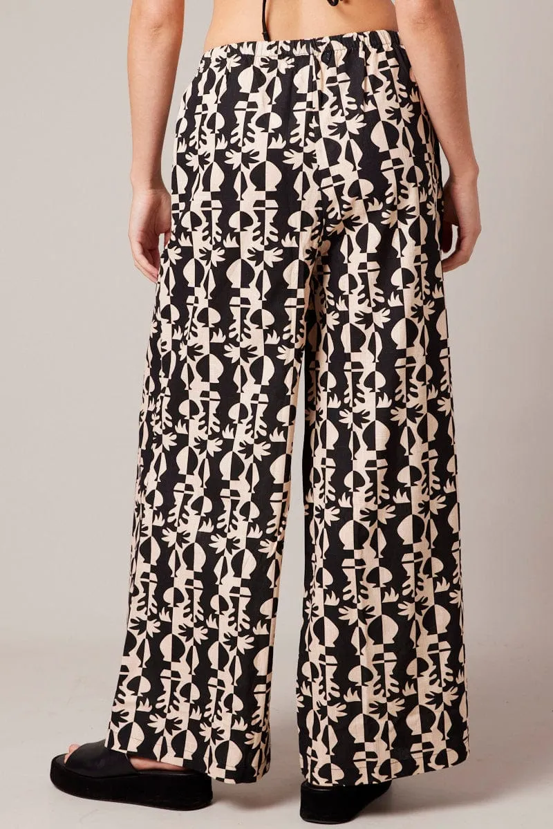 Black Abstract Wide Leg Pants High Rise