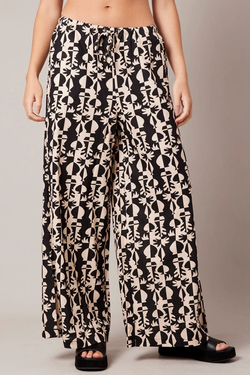 Black Abstract Wide Leg Pants High Rise