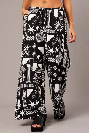 Black Abstract Wide Leg Pants High Rise