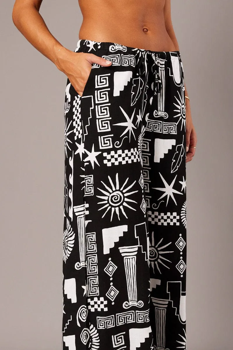 Black Abstract Wide Leg Pants High Rise