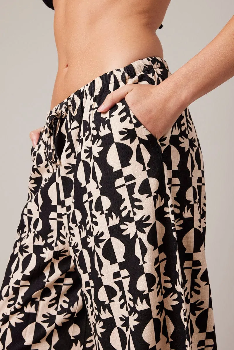 Black Abstract Wide Leg Pants High Rise