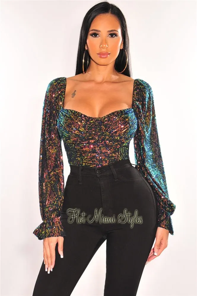 Black iridescent Sequins Padded Long Sleeve Bustier Crop Top