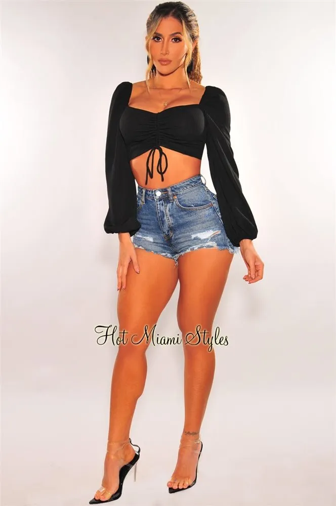 Black Ribbed Knit Padded Ruched Long Sleeve Crop Top