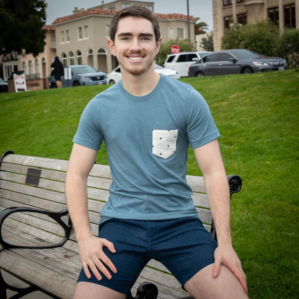 Blue-Grey With Cream & Black Mini Ikat Pocket T-Shirt