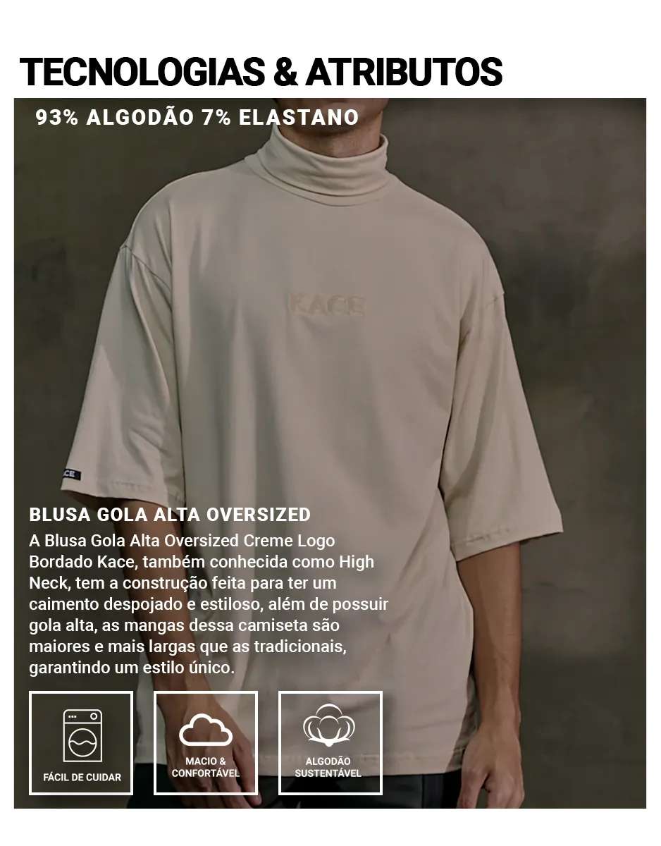 Blusa Gola Alta Oversized Creme Logo Bordado Kace