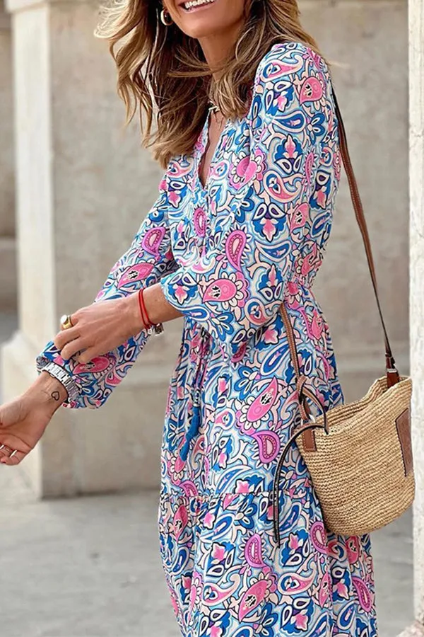 Boho Paisley V Neck Long Sleeve Maxi Dress