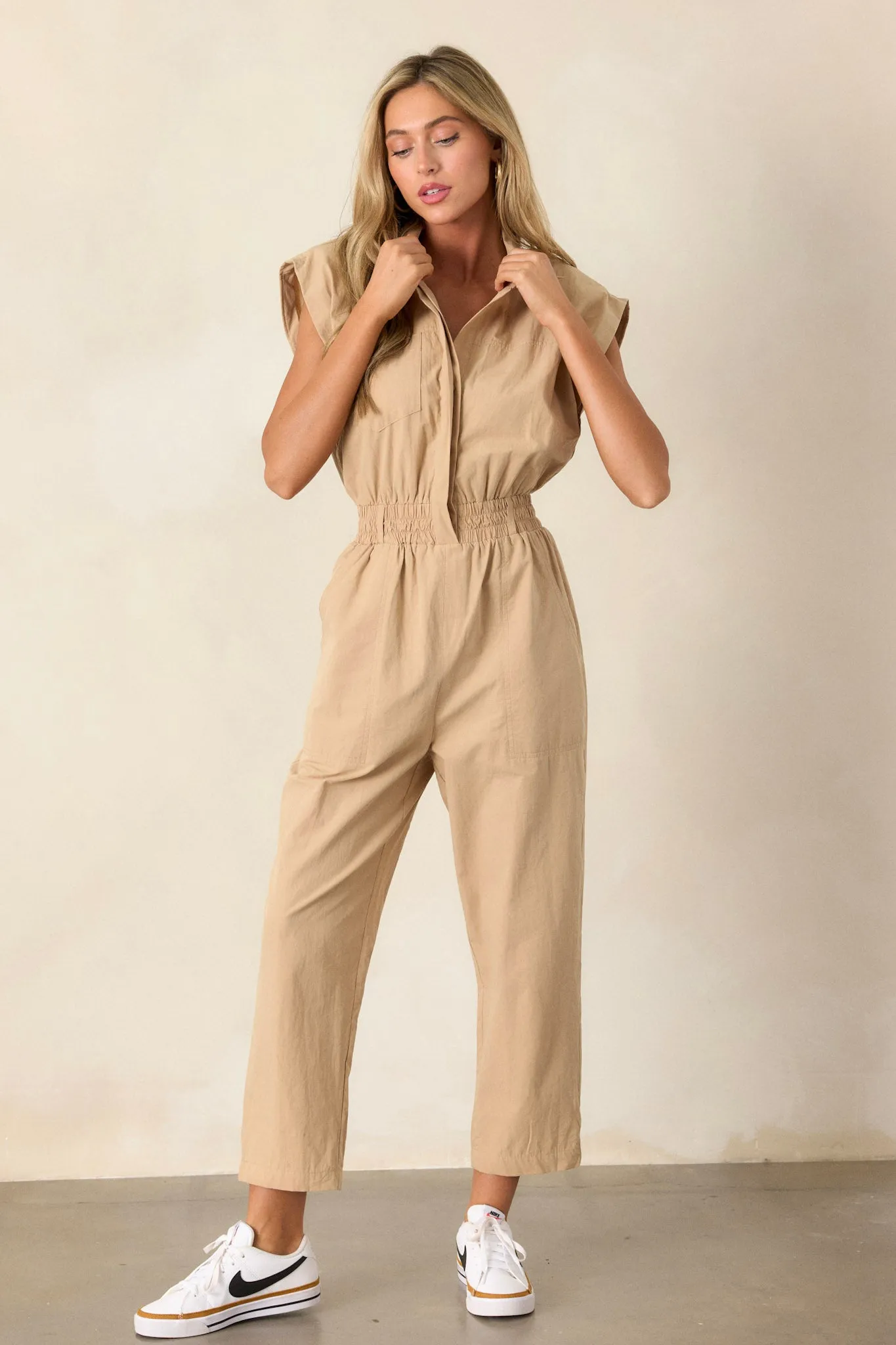 But A Dream Taupe 100% Cotton Cargo Jumpsuit