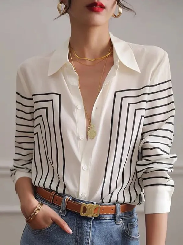 Casual Long Sleeves Printed Lapel Blouses&Shirts Tops