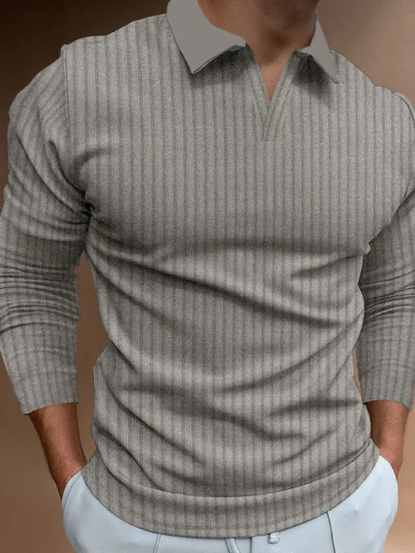 Casual stand-up collar stretch vertical strip long-sleeve V-neck POLO