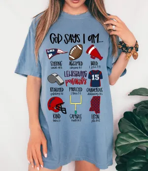 Comfort Colors Blue Jean God Says I am A Lewisburg Patriot Unisex Shirt / Youth and Adult Sizes/ Lewisburg -Desoto County Schools /Lewisburg Patriots Mississippi School Shirt