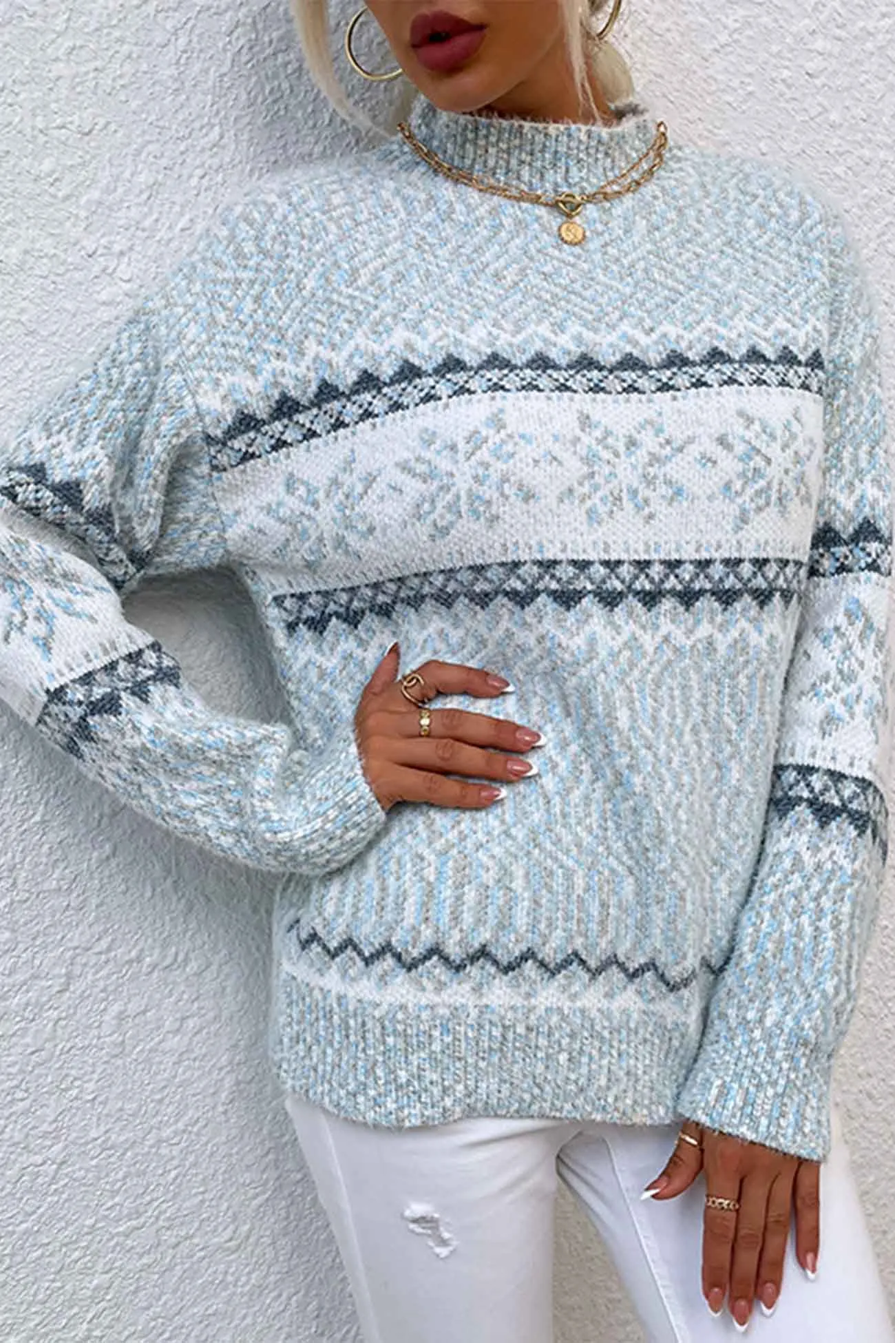 Contrast Mock Neck Snowflake Sweater