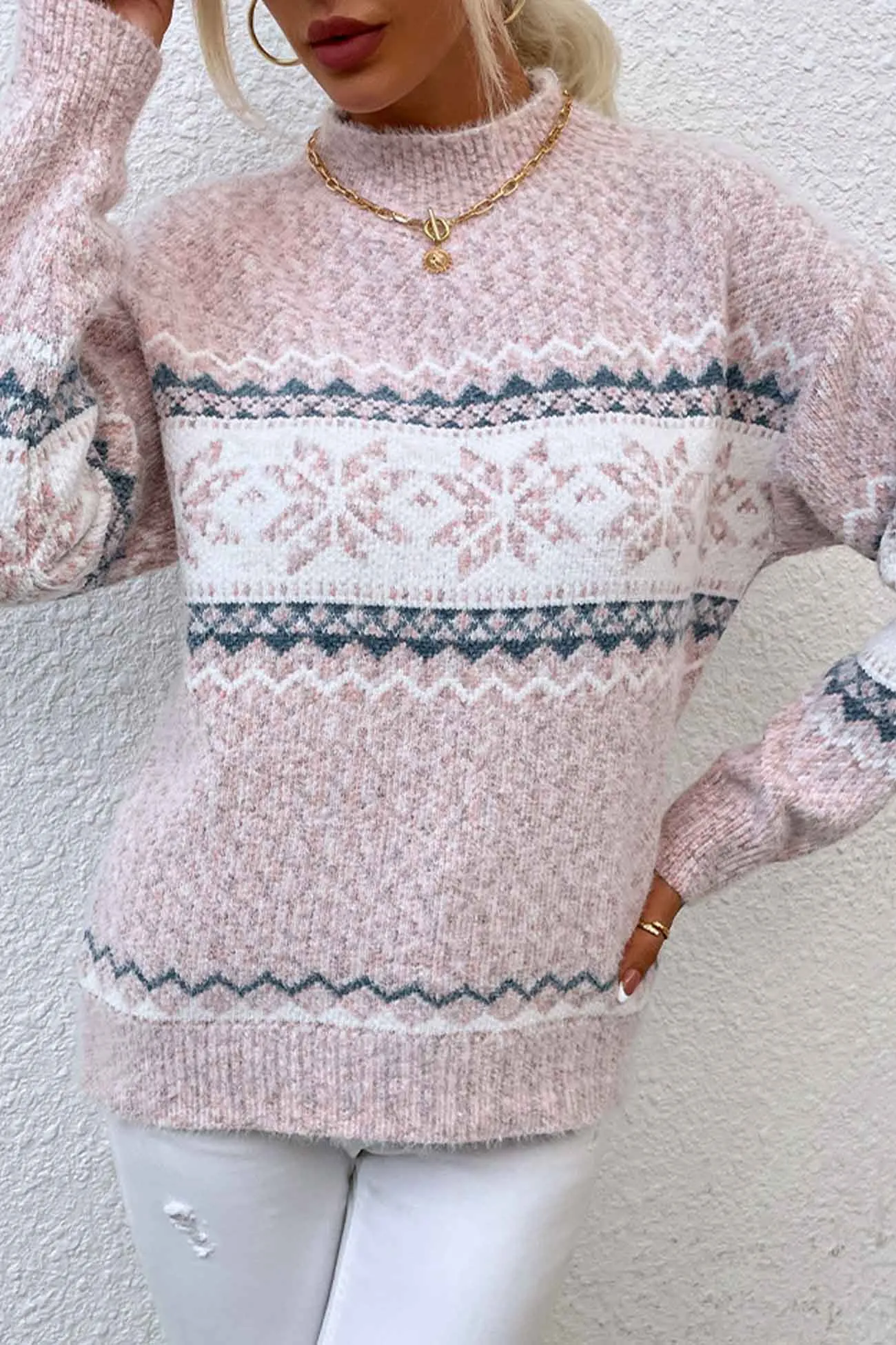 Contrast Mock Neck Snowflake Sweater