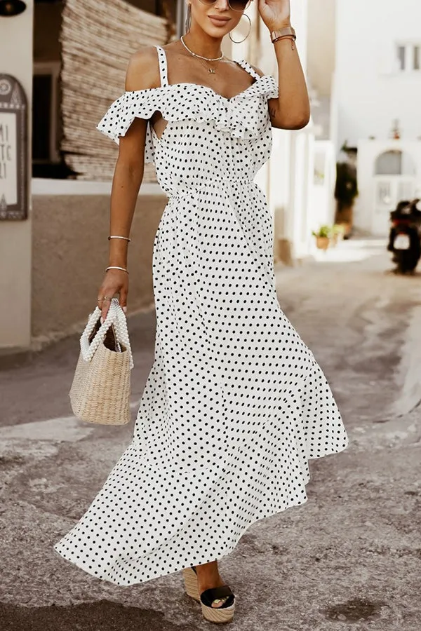 Dot Ruffles Off Shoulder Irregularity Maxi Dress