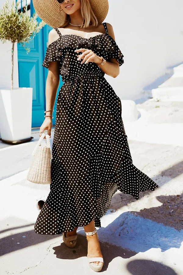 Dot Ruffles Off Shoulder Irregularity Maxi Dress