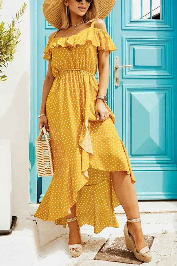 Dot Ruffles Off Shoulder Irregularity Maxi Dress