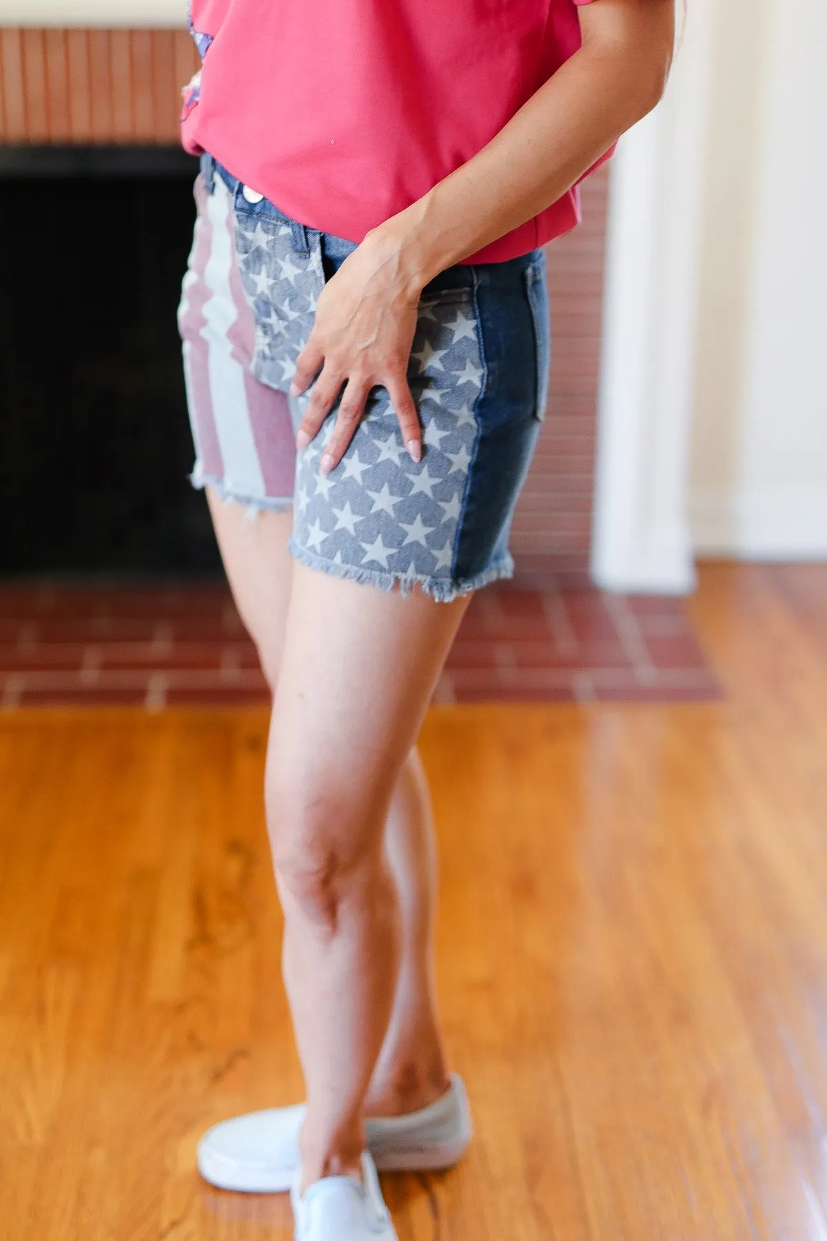 Explore More Collection - American Flag High Rise Frayed Hem Denim Shorts