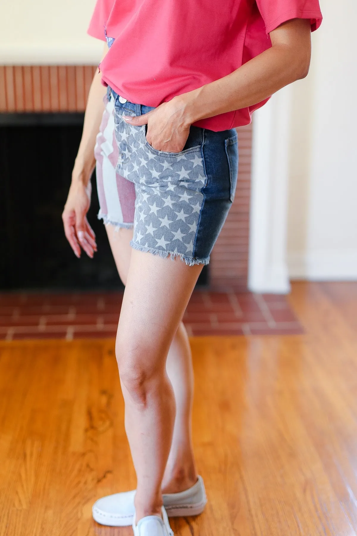 Explore More Collection - American Flag High Rise Frayed Hem Denim Shorts