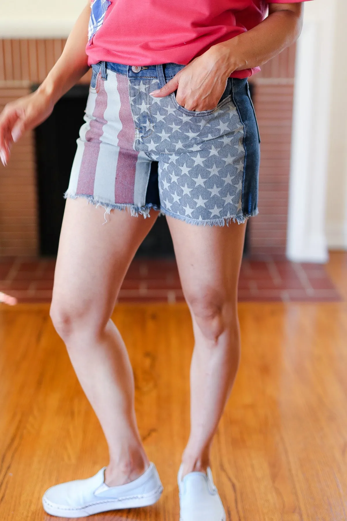 Explore More Collection - American Flag High Rise Frayed Hem Denim Shorts