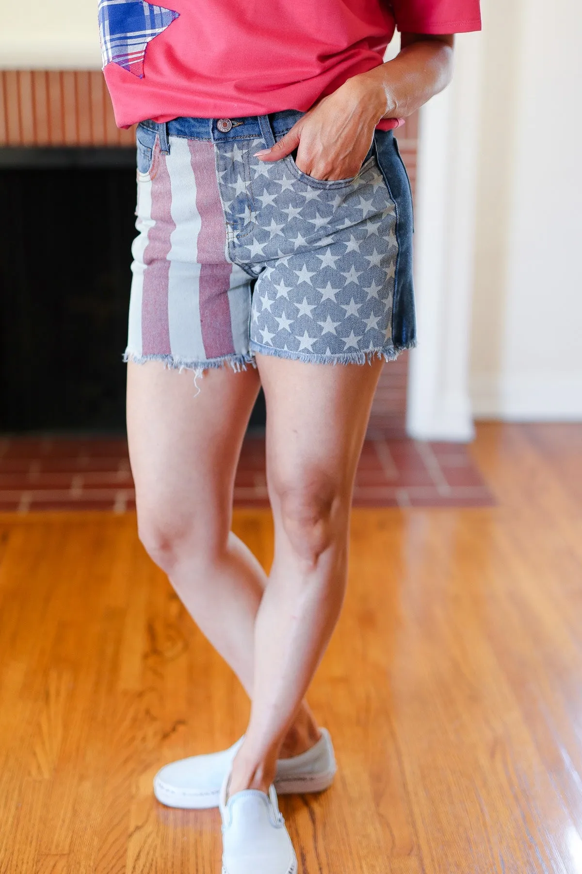 Explore More Collection - American Flag High Rise Frayed Hem Denim Shorts