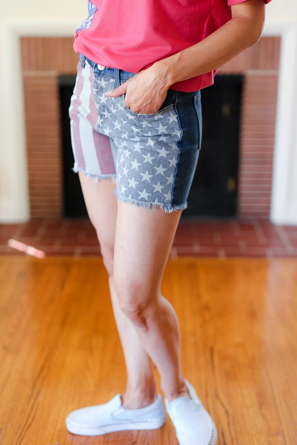 Explore More Collection - American Flag High Rise Frayed Hem Denim Shorts