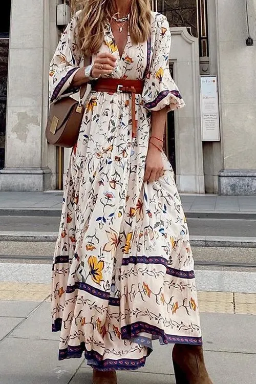 Floral Print Seven Sleeve Maxi Dress