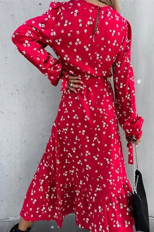 Floral Print Tie Long Sleeve Slit Maxi Dress