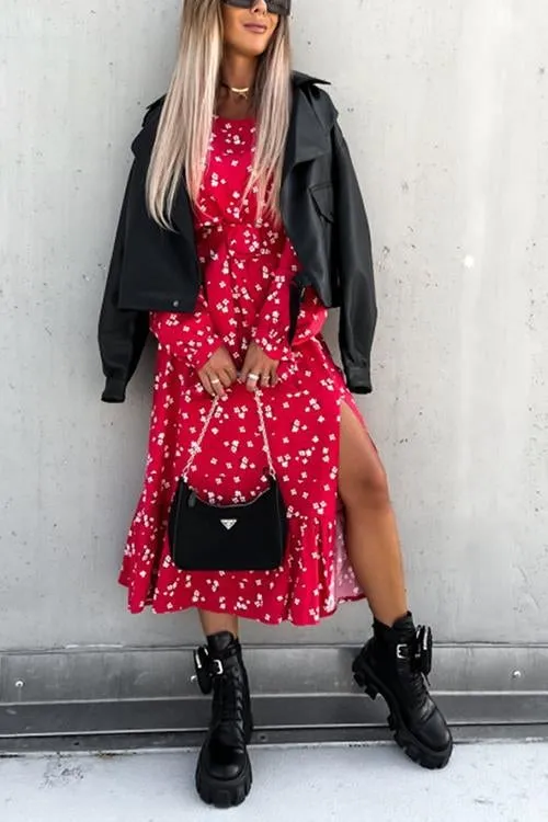 Floral Print Tie Long Sleeve Slit Maxi Dress