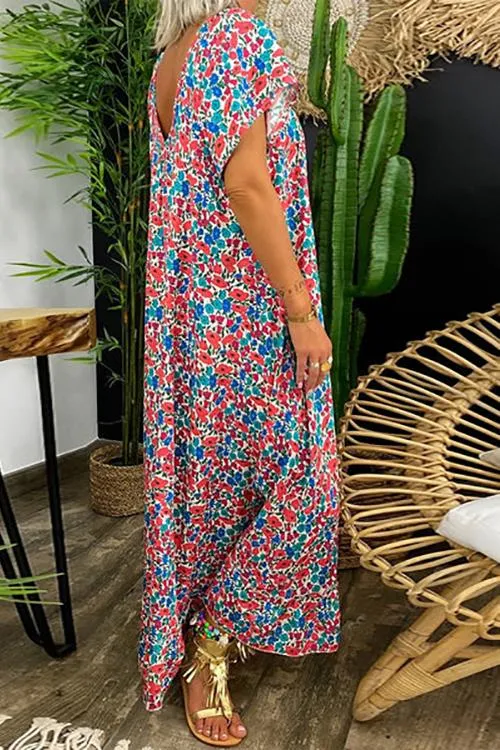 Floral Print V Neck Loose Maxi Dress