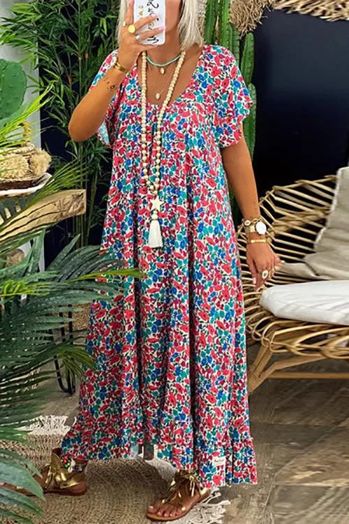 Floral Print V Neck Loose Maxi Dress