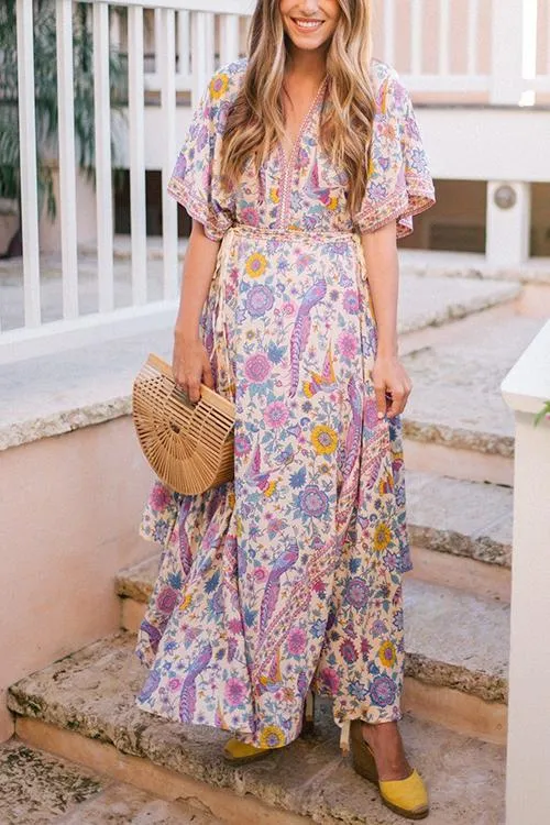 Floral Print V Neck Maxi Dress