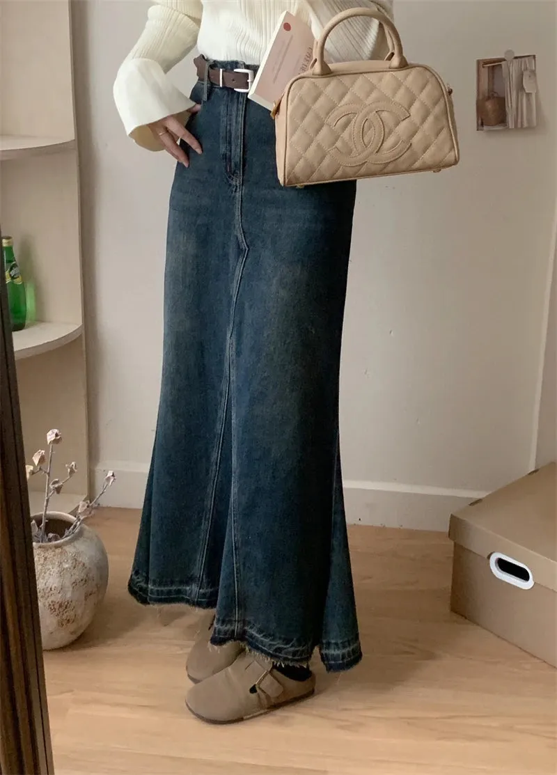 Girlary High Quality New Mermaid Skirt Women's Party Prom Vintage Classical Cozy Blue  Denim A-Line Skirt Raw Edge Thin Korean Fashion