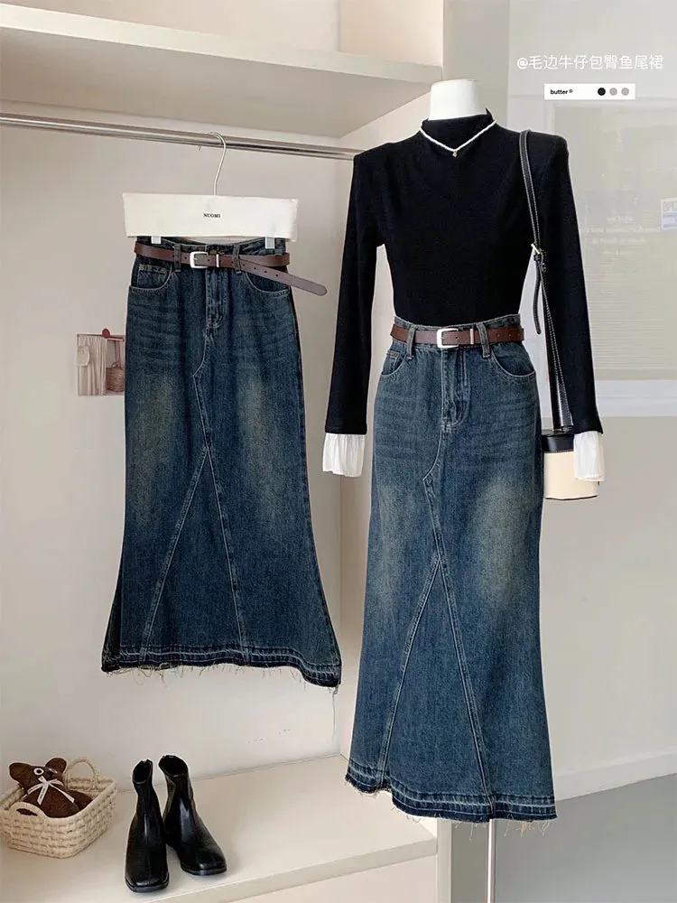 Girlary High Quality New Mermaid Skirt Women's Party Prom Vintage Classical Cozy Blue  Denim A-Line Skirt Raw Edge Thin Korean Fashion