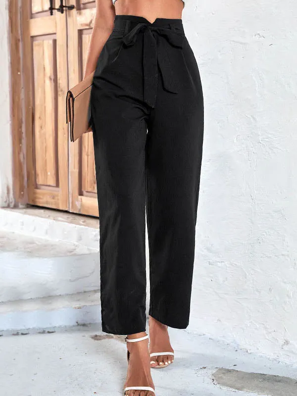 High Waisted Wide Leg Ribbed Solid Color Casual Pants Bottoms