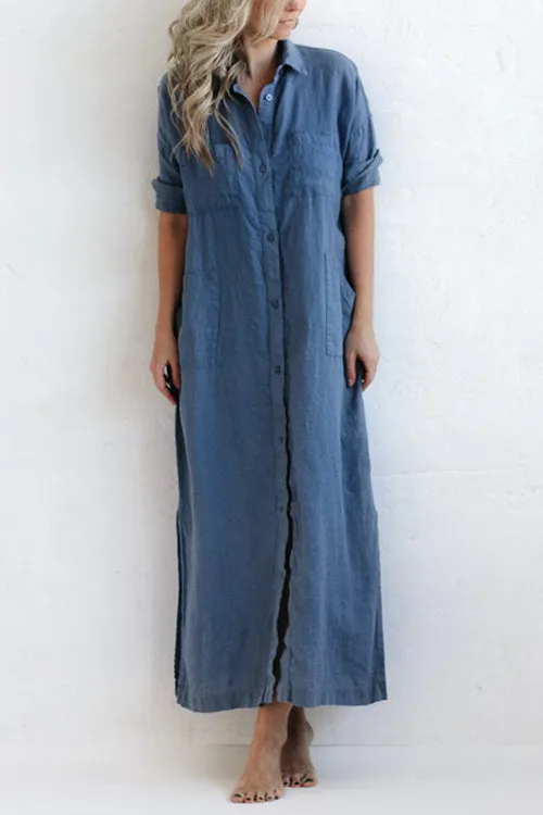 Linen Button Pockets Shirt Maxi Dress