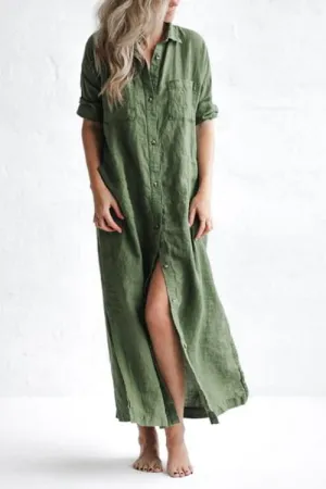 Linen Button Pockets Shirt Maxi Dress