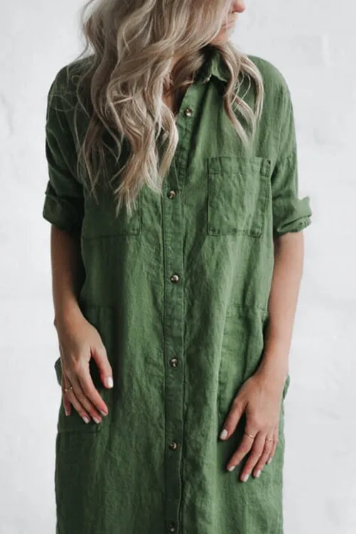 Linen Button Pockets Shirt Maxi Dress