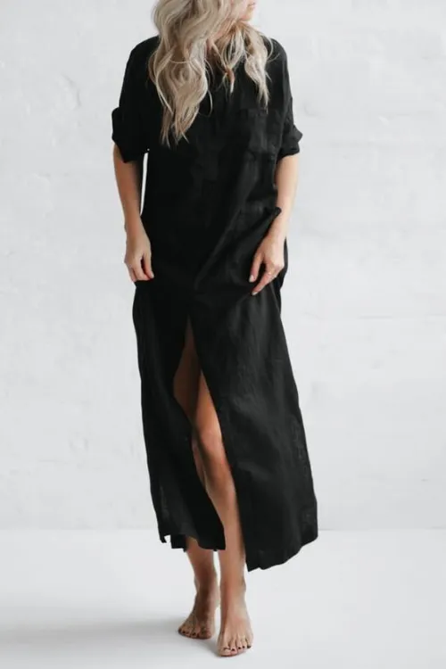 Linen Button Pockets Shirt Maxi Dress