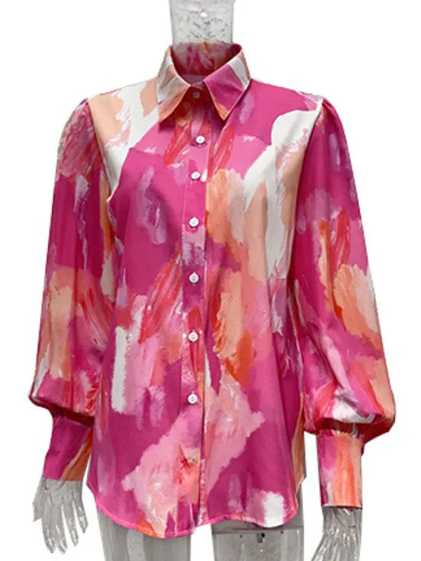 Long Sleeves Loose Buttoned Contrast Color Printed Lapel Blouses&shirts Tops Shirts Tops