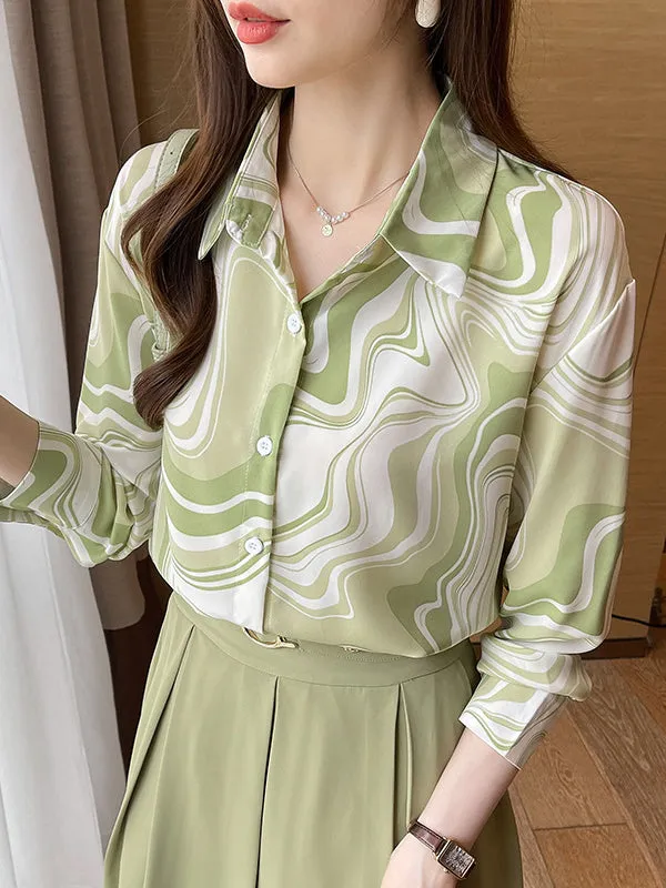 Long Sleeves Loose Buttoned Printed Lapel Blouses&Shirts Tops