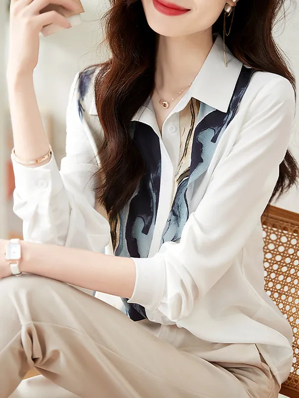 Long Sleeves Loose Buttoned Printed Lapel Blouses&Shirts Tops